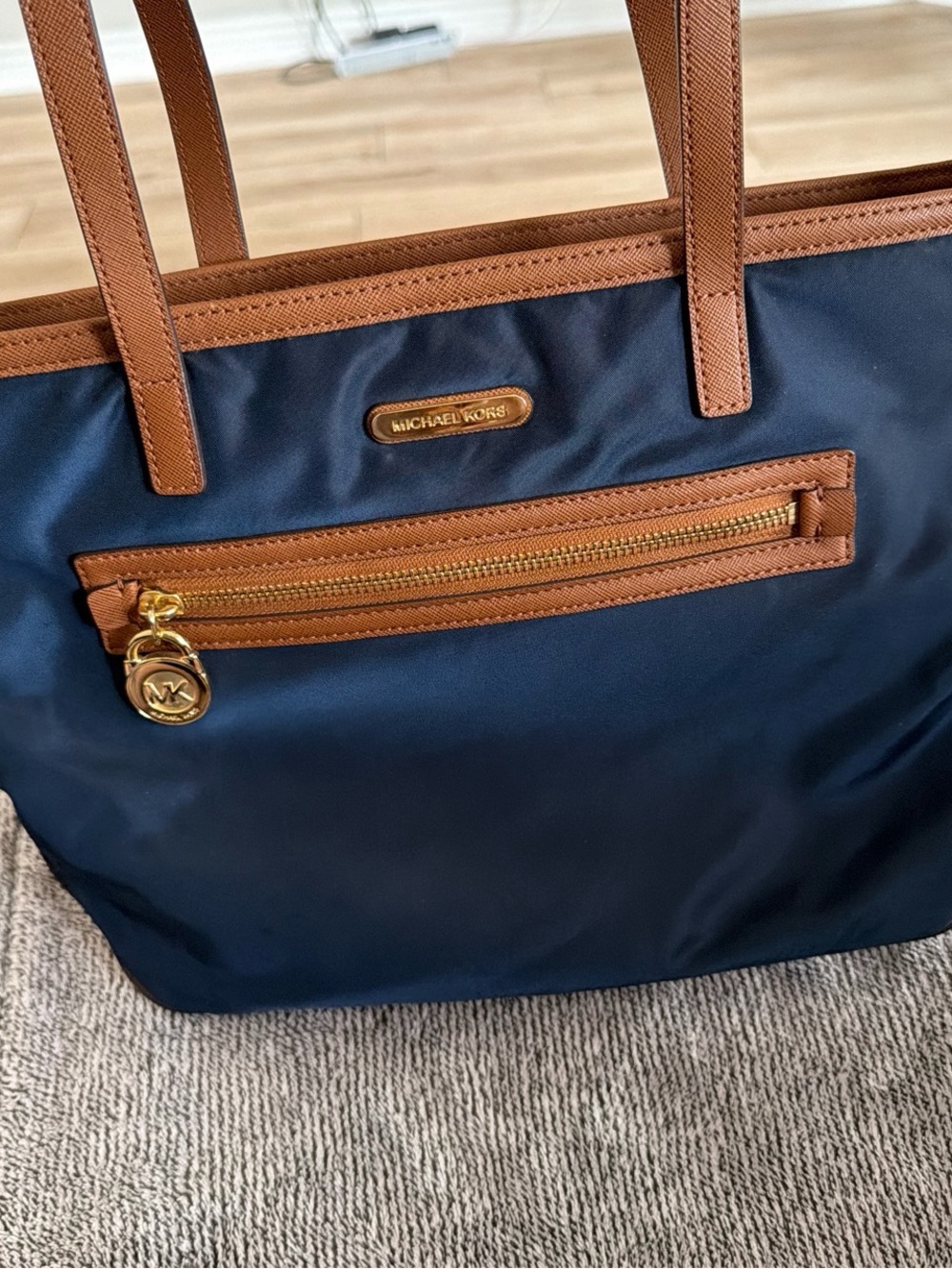 Michael Kors Navy Nylon Tote with Brown Leather Trim